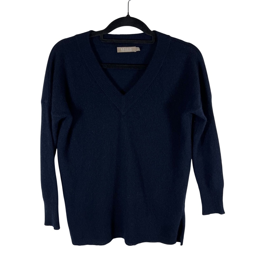 Brodie Fine Cashmere Navy Blue V-Neck Sweater 100% Cashmere Womens XS